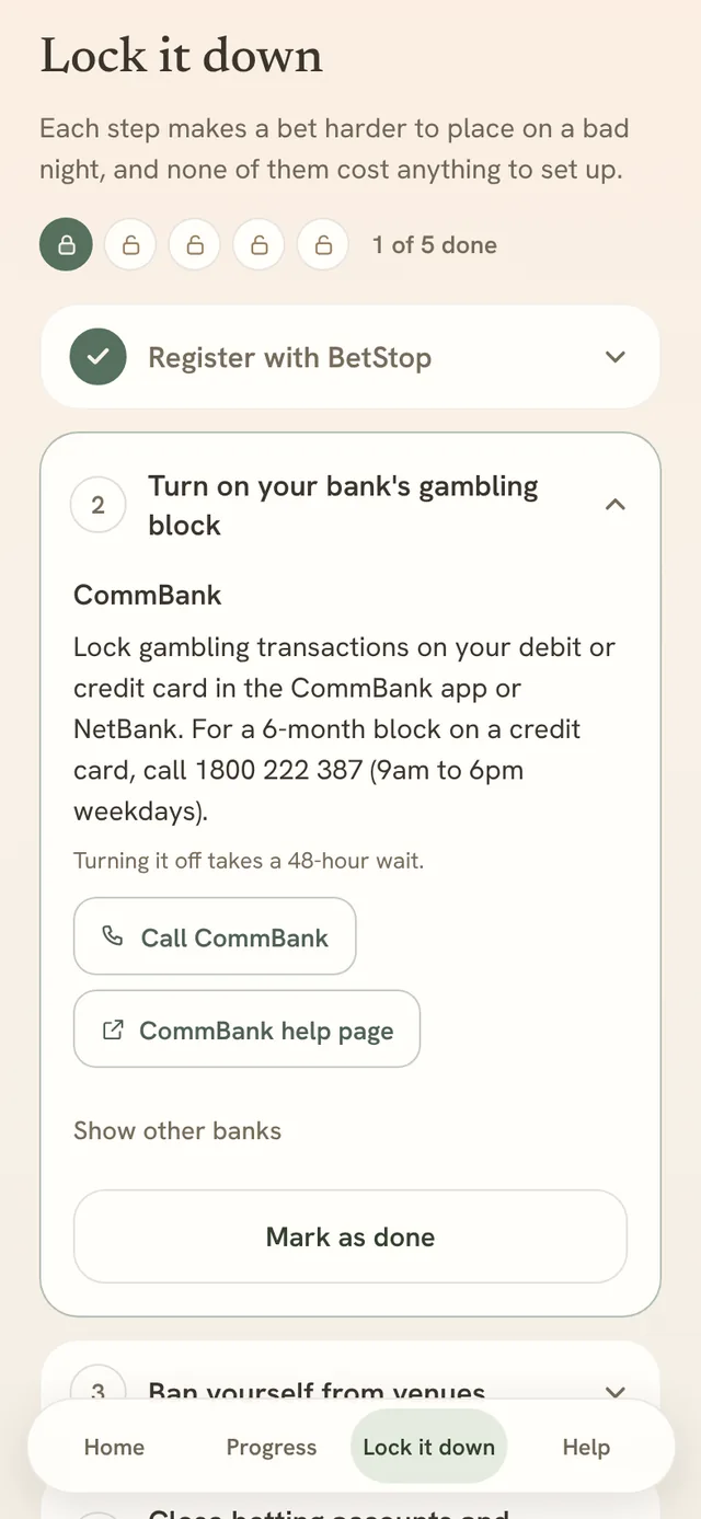 The Lock it down guide: BetStop is done and the steps for CommBank’s gambling block are open.